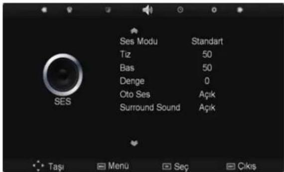 SES Ses Modu Standart Tiz 50 Bas 50 Denge 0 Oto Ses Açık Surround Sound Açık Taşı Menu Seç Cıkış