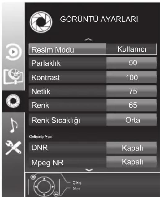 GÖRÜNTÜ AYARLARI Resim Modu Kullanıcı Parlaklık 50 Kontrast 100 Netlik 75 Renk 65 Renk Sıcaklığı Orta Gelişmiş Ayar DNR Kapalı Mpeg NR Kapalı