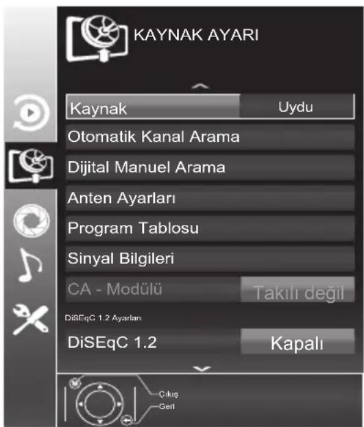 KAYNAK AYARI Kaynak Uydu Otomatik Kanal Arama Dijital Manuel Arama Anten Ayarları Program Tablosu Sinyal Bilgileri CA - Modülü Takılı değil DiSEqC 1.2 Ayarları DiSEqC 1.2 Kapalı