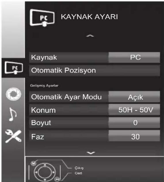 KAYNAK AYARI Kaynak PC Otomatik Pozisyon Gelişmiş Ayarlar Otomatik Ayar Modu Açık Konum 50H - 50V Boyut 0 Faz 30 Çıksı Gen
