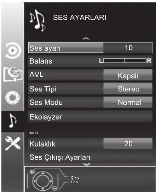 SES AYARLARI Ses ayarı 10 Balans L R AVL Kapalı Ses Tipi Stereo Ses Modu Normal Ekolayzer Harici Kulaklık 20 Ses Çıkışı Ayarları Çıkış Geni
