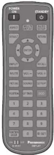 POWER ON I STANDBY ASPECT MULTI REPLAY AUTO SETUP DEFAULT RETURN ENTER INPUT RICALL MUTE VOL - VOL + PILOT SOUND SETUP POLEN OPTINES ECO 1 2 3 4 5 6 7 8 9 RUNTER GASS 0 ID SET ON OUT Panasonic ID MODE DEPLAY