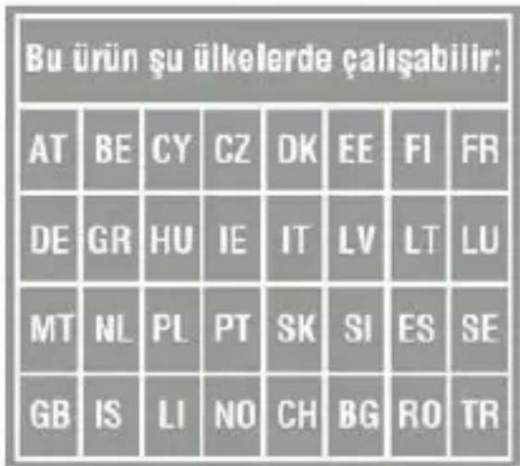 Bu ürün şu ülkelerde çalışabilir: AT BE CY CZ DK EE FI FR DE GR HU IE IT LV LT LU MT NL PL PT SK SI ES SE GB IS LI NO CH BG RO TR
