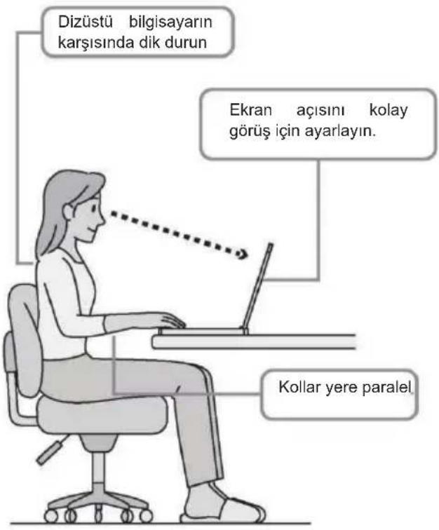 Dizüstü bilgisayarın karşısında dik durun Ekran açısını kolay görüş için ayarlayın. Kollar yere paralel.