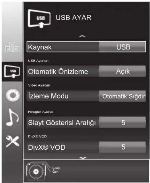 USB AYAR Kaynak USB USB Ayarları Otomatik Önizleme Açık Video Ayarları İzleme Modu Otomatik Sığıdır Fotograf Ayarları Slayt Gösterisi Aralığı 5 DivX® VOD DivX® VOD 5 Çâncı Geni
