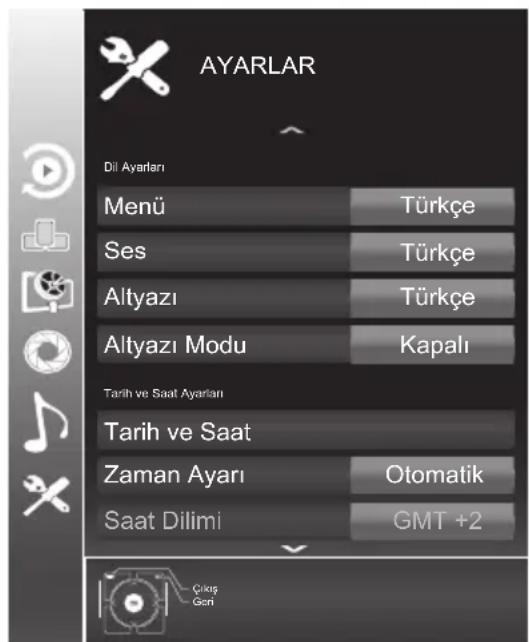 AYARLAR Dil Ayarları Menü Türkçe Ses Türkçe Altyazı Türkçe Altyazı Modu Kapalı Tarih ve Saat Ayarları Tarih ve Saat Zaman Ayarı Otomatik Saat Dilimi GMT +2 Çiloş Geri