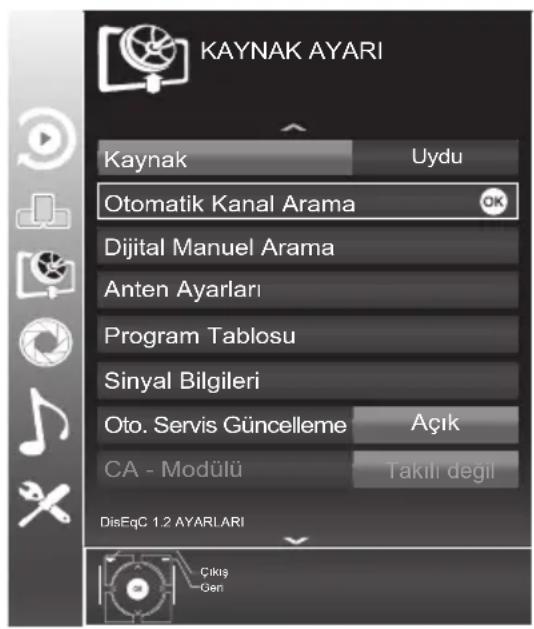 KAYNAK AYARI Kaynak Uydu Otomatik Kanal Arama Dijital Manuel Arama Anten Ayarları Program Tablosu Sinyal Bilgileri Oto. Servis Güncelleme Açık CA - Modülü Takılı değil DisEqC 1.2 AYARLARI Çıkış Gen