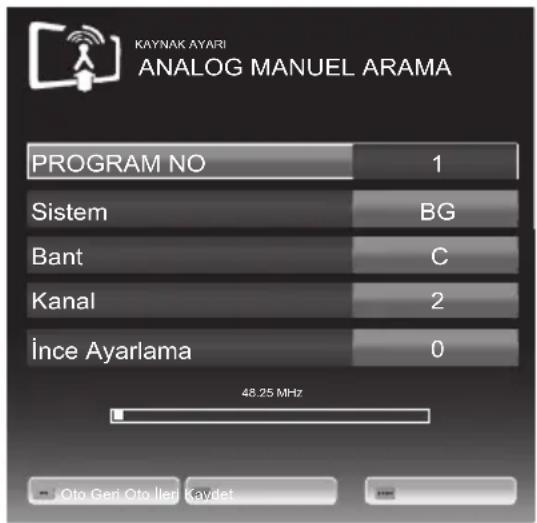 KAYNAK AYARI ANALOG MANUEL ARAMA PROGRAM NO 1 Sistem BG Bant C Kanal 2 İnce Ayarlama 0 48.25 MHz Oto Geri Oto Ileri Kaydet