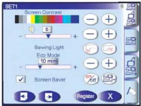 SET1 Screen Contrast - + - + - + - - - - - - - - - - - - - - - - - - - - - - - - - - - - - - - - - - - - - - - - - - - - - - - - - - - - - - - - - - - - - - - - - - - - - - - - - - - - - - - - - - - - - - - - - - - - - - - - - - - - -5 + Sewing Light Eco Mode 10 mm + Screen Saver on/ off Register X