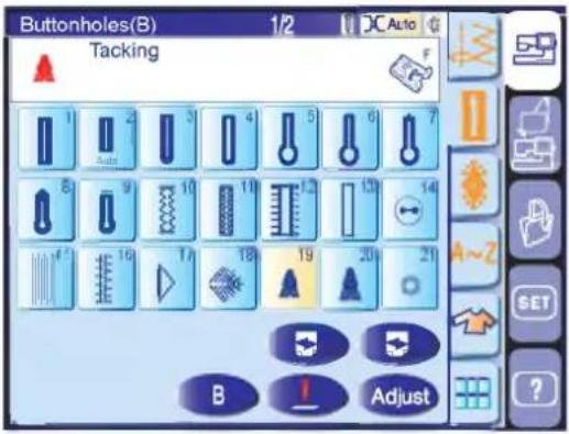 Buttonholes(B) 1/2 DC Auto Tacking 1 2 3 4 5 6 7 8 9 10 11 12 13 14 15 16 17 18 19 20 21 B Adjust