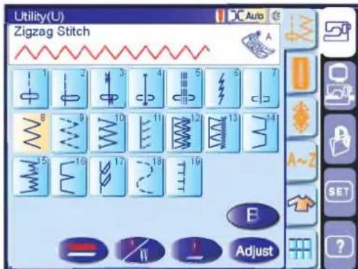 Utility(U) Zigzag Stitch Auto 1 2 3 4 5 6 7 8 9 10 11 12 13 14 5 16 17 18 19 E Adjust