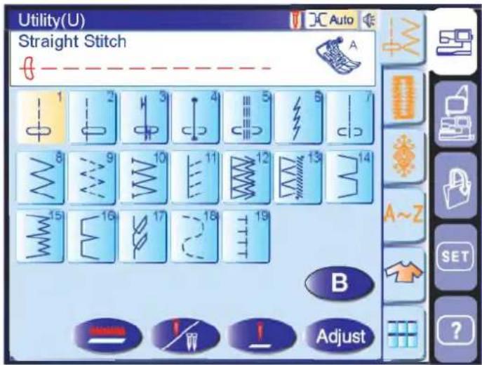 Utility(U) Straight Stitch A 1 2 3 4 5 6 7 8 9 10 11 12 13 14 15 16 17 18 19 B Adjust