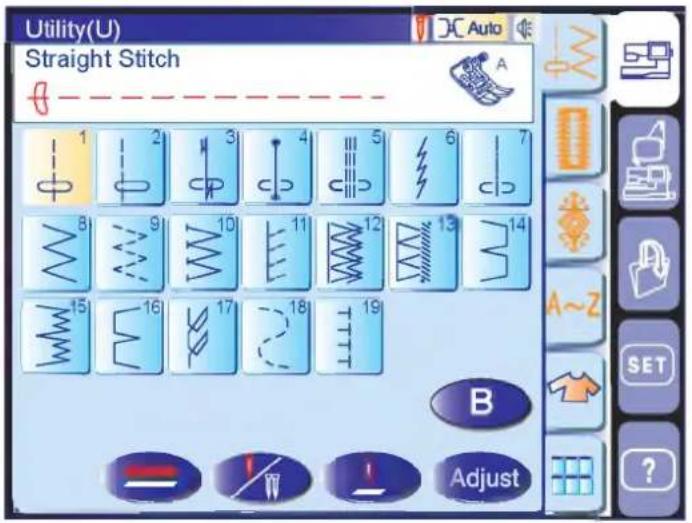 Utility(U) Straight Stitch 1 2 3 4 5 6 7 8 9 10 11 12 13 14 15 16 17 18 19 B Adjust Auto A~2 SET ?
