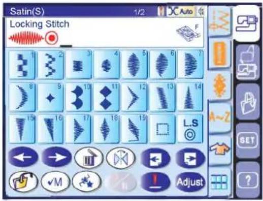 Satin(S) 1/2 Auto Locking Stitch F 1 2 3 4 5 6 7 8 9 10 11 12 13 14 15 16 17 18 19 L.S SET ✓M Adjust