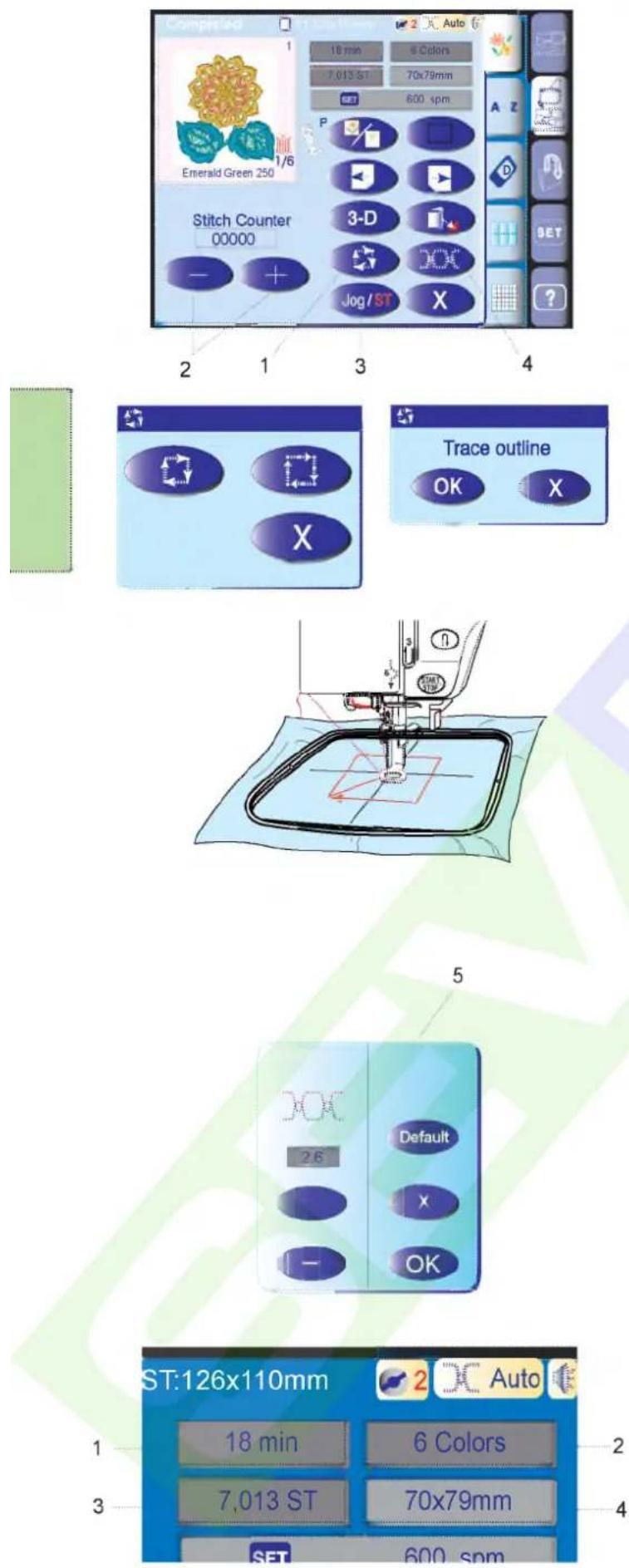 Complir 340 1/6 Emerald Green 250 Stitch Counter 00000 18 min 7.013 ST 3-D Jog / ST Auto 6 Colors 70x79mm 600 spm A Z D SET ? Trace outline OK X X 5 Default 2.6 X OK ST:126x110mm 18 min 6 Colors 7.013 ST 70x79mm 2 Auto 4 1 2 3 4