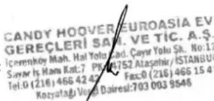 CANDY HOOVEREUROASIA EV GEREÇERLI SAM. VE TIC. A.S. İçerenköy Mah. Hal Yolu Cad. Çayar Yolu Sk. No:13 Sayar İş Hamı Kat:7 PRAV752 Ataşehir İSTANBUU Tel:0 (216) 466 42 42 Foc:0 (216) 466 15 4 Kotyrataglı Veş Döresl:703 003 9546