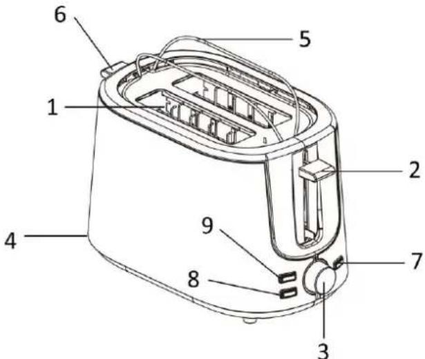 Labeled diagram of a toaster with numbered parts for identification
