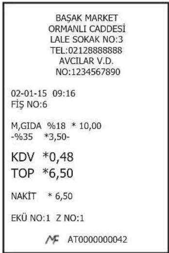 BAŞAK MARKET ORMANLI CADDESİ LALE SOKAK NO:3 TEL:02128888888 AVCILAR V.D. NO:1234567890 02-01-15 09:16 FİŞ NO:6 M,GIDA %18 * 10,00 -%35 *3,50- KDV *0,48 TOP *6,50 NAKİT * 6,50 EKÜ NO:1 Z NO:1 MF AT0000000042
