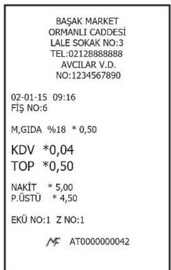 BAŞAK MARKET ORMANLI CADDESİ LALE SOKAK NO:3 TEL:02128888888 AVCILAR V.D. NO:1234567890 02-01-15 09:16 FİŞ NO:6 M,GIDA %18 * 0,50 KDV *0,04 TOP *0,50 NAKİT * 5,00 P.ÜSTÜ * 4,50 EKÜ NO:1 Z NO:1 MF AT000000042
