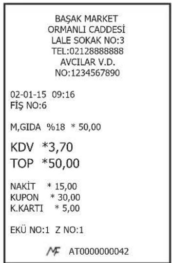 BAŞAK MARKET ORMANLI CADDESİ LALE SOKAK NO:3 TEL:02128888888 AVCILAR V.D. NO:1234567890 02-01-15 09:16 FİŞ NO:6 M,GIDA %18 * 50,00 KDV *3,70 TOP *50,00 NAKİT * 15,00 KUPON * 30,00 K.KARTI * 5,00 EKÜ NO:1 Z NO:1 MF AT0000000042