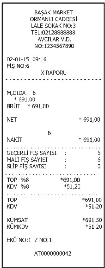 BAŞAK MARKET ORMANLI CADDESİ LALE SOKAK NO:3 TEL:02128888888 AVCILAR V.D. NO:1234567890 02-01-15 09:16 FİŞ NO:6 X RAPORU M,GIDA 6 * 691,00 BRÜT * 691,00 NET * 691,00 6 NAKİT * 691,00 GEÇERLİ FİŞ SAYISI : 6 MALİ FİŞ SAYISI : 6 SLİP FİŞ SAYISI : 0 TOP %8 *691,00 KDV %8 *51,20 TOP *691,00 KDV *51,20 KÜMSAT *691,50 KÜMKDV *51,20 EKÜ NO:1 Z NO:1 AT0000000042