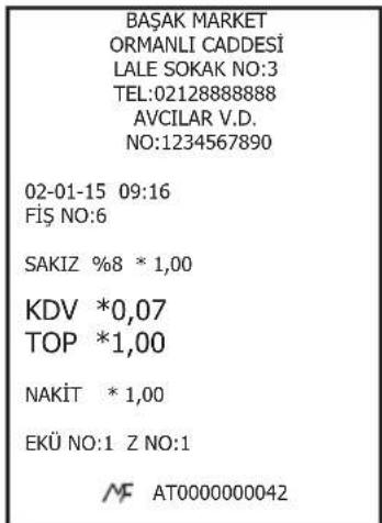 BAŞAK MARKET ORMANLI CADDESİ LALE SOKAK NO:3 TEL:02128888888 AVCILAR V.D. NO:1234567890 02-01-15 09:16 FİŞ NO:6 SAKIZ %8 * 1,00 KDV *0,07 TOP *1,00 NAKİT * 1,00 EKÜ NO:1 Z NO:1 MF AT0000000042