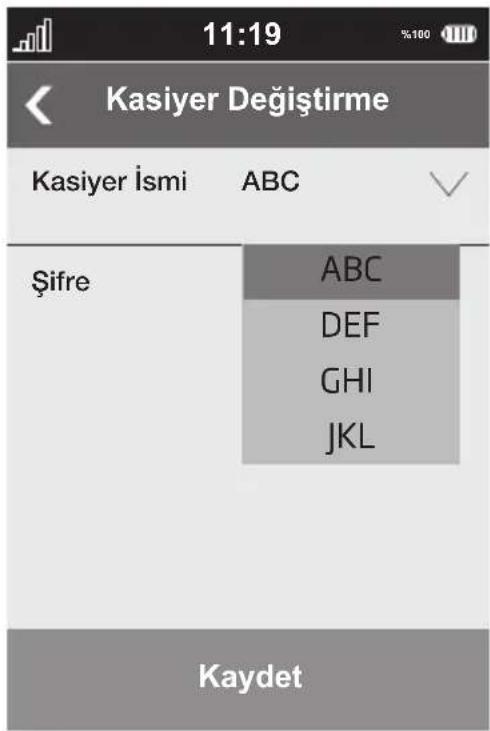 11:19 Kasiyer Değiştirme Kasiyer İsmi ABC Şifre ABC DEF GHI JKL Kaydet