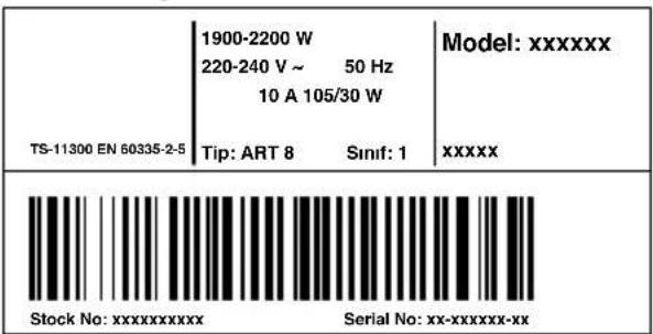 1900-2200 W 220-240 V ~ 50 Hz 10 A 105/30 W TS-11300 EN 60335-2-5 Tip: ART 8 Sinif: 1 Model: xxxxxxx xxxxxx Stock No: xxxxxxxxxxx Serial No: xx-xxxxxx-xx