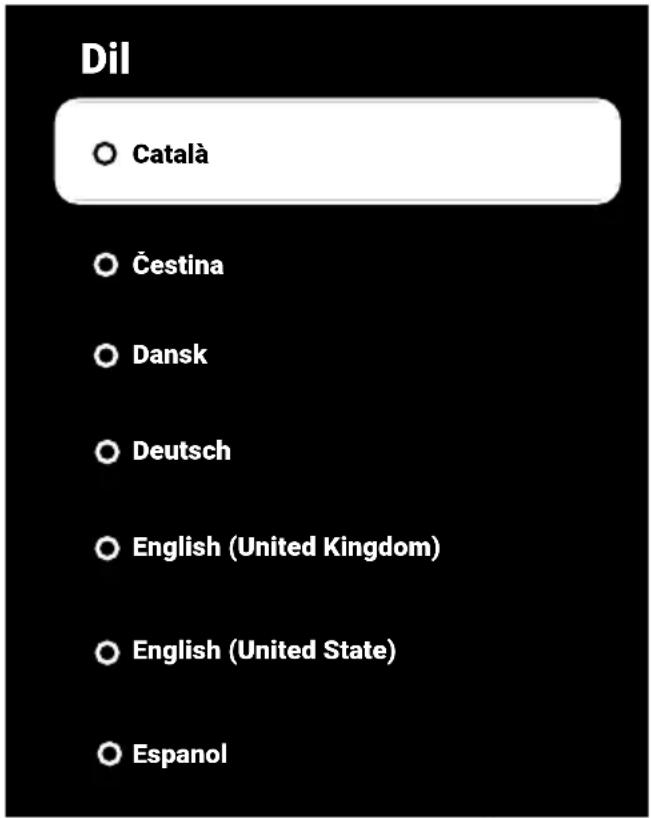 Dil ○ Català ○ Čestina ○ Dansk ○ Deutsch ○ English (United Kingdom) ○ English (United State) ○ Espanol