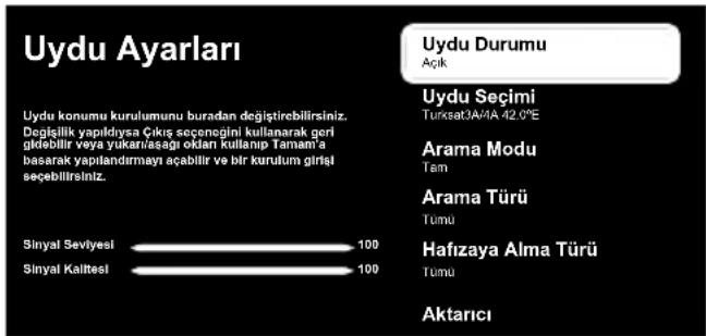 Uydu Ayarları Uydu konumu kurulumunu buradan değiştirilebilirsiniz. Değişilik yapıldıya Çıkış seçenogini kullanarak geri gildebilir veya yukarı/asağı okları kullanıp Tamam'a basarak yapılandırmayı açabilir ve bir kurulum girişi seçibilirsiniz. Sinyal Sevlyesi 100 Sinyal Kalitesi 100 Uydu Durumu Açık Uydu Seçimi Turksat3A/A42.0'E Arama Modu Tam Arama Türü Tumu Hafizaya Alma Türü Tumu Aktarıcı