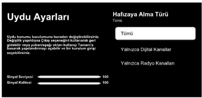 Uydu Ayarları Hafizaya Alma Türü Tümü Tümü Uydu konumu kurulumunu buradan değiştircilirsiniz. Değişilik yapıldiysa Çıktay seçeneğini kullanarak geri gidebilir veya yukarıfaşığı oklariı kullanı Tamanı's basarak yapılandırınayı açabilir ve bir kurulum girişi seçebilirsiniz. Yalnızca Dijital Kanallar Yalnızca Radyo Kanalları Sinyal Seviyesi 100 Sinyal Kalitesi 100