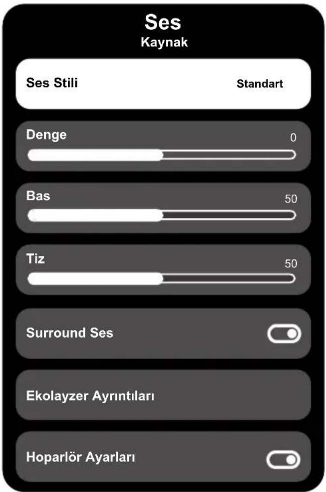 Ses Kaynak Ses Stili Standart Denge 0 Bas 50 Tiz 50 Surround Ses Ekolayzer Ayrıntıları Hoparlör Ayarları