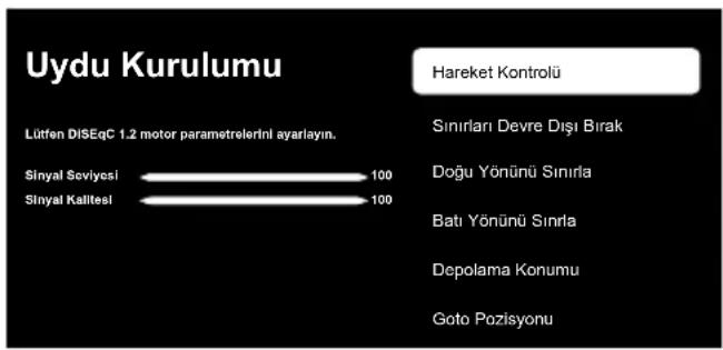 Uydu Kurulumu Lütfen DISEqC 1.2 motor parametrelerini ayarlayın. Sinyal Seviyesi 100 Sinyal Kalitesi 100 Hareket Kontrolü Sinirları Devre Dişı Bırak Doğu Yönünlı Sinirla Batı Yönünlı Sinrla Depolama Konumu Goto Pozisyonu