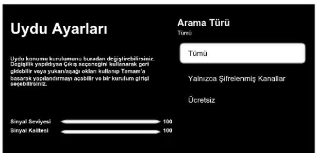 Uydu Ayarları Arama Türü Tümü Tümü Yalnızca Şifrelenmiş Kanallar Ücretsiz Uydu konumu kurulumunu buradan değiştirebilirsiniz. Değişilik yapıldıya Çıkış seçengini kullanarak gori gildobilir veya yukarılaşığı oklan kullanıp Tamam'a basarak yapılandırmayı açabilir ve bir kurulum girişi seçebilitiriniz.…