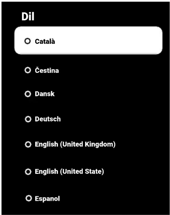 Dil ○ Català ○ Čestina ○ Dansk ○ Deutsch ○ English (United Kingdom) ○ English (United State) ○ Espanol
