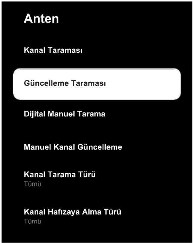 Anten Kanal Taraması Güncelleme Taraması Dijital Manuel Tarama Manuel Kanal Güncelleme Kanal Tarama Türü TÜMÜ Kanal Hafızaya Alma Türü TÜMÜ