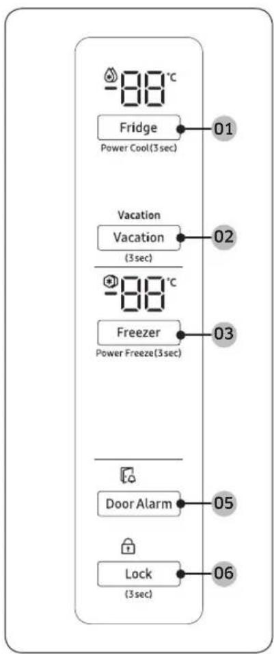 -88°C Fridge Power Cool(3 sec) 01 Vacation Vacation (3 sec) -88°C Freezer Power Freeze(3 sec) 02 03 Door Alarm 05 Lock (3 sec) 06