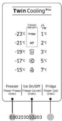 Twin Cooling Plus Freezer Convert Fridge 1°C -23°C Fridge 2°C -21°C off -19°C 3°C -17°C 5°C -15°C 7°C Freezer Power Freeze (3 sec) Ice On/Off Freezer Convert (3 sec) Fridge Power Cool (3 sec) 010203010203