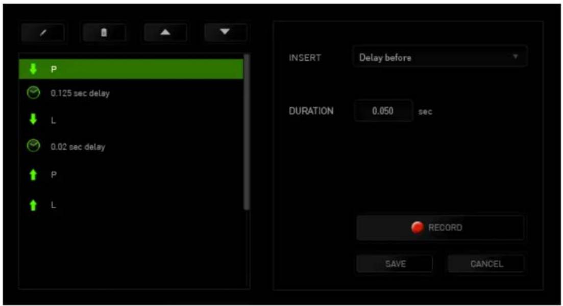 P 0.125 sec delay L 0.02 sec delay P L INSERT Delay before DURATION 0.050 sec RECORD SAVE CANCEL