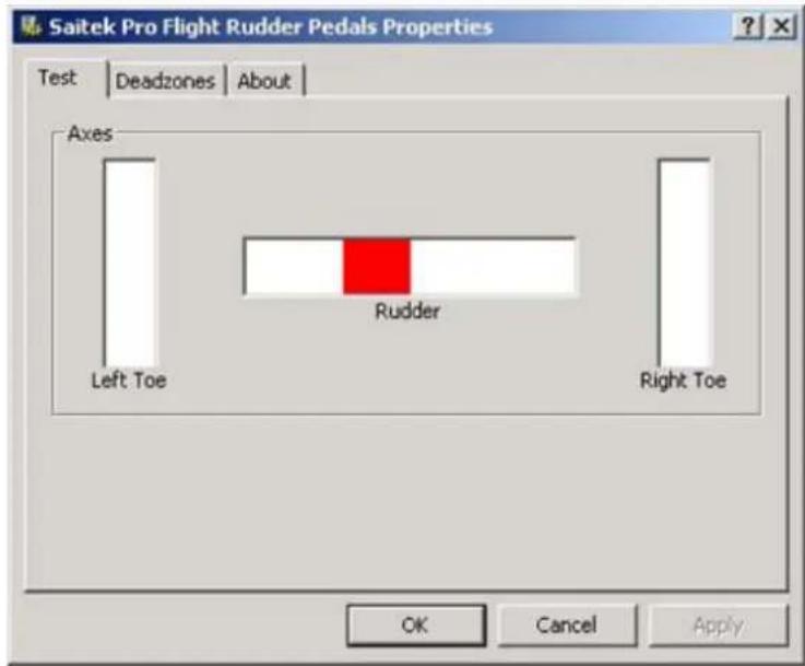 Saitek Pro Flight Rudder Pedals Properties Test | Deadzones | About | Axes Left Toe Rudder Right Toe OK Cancel Apply