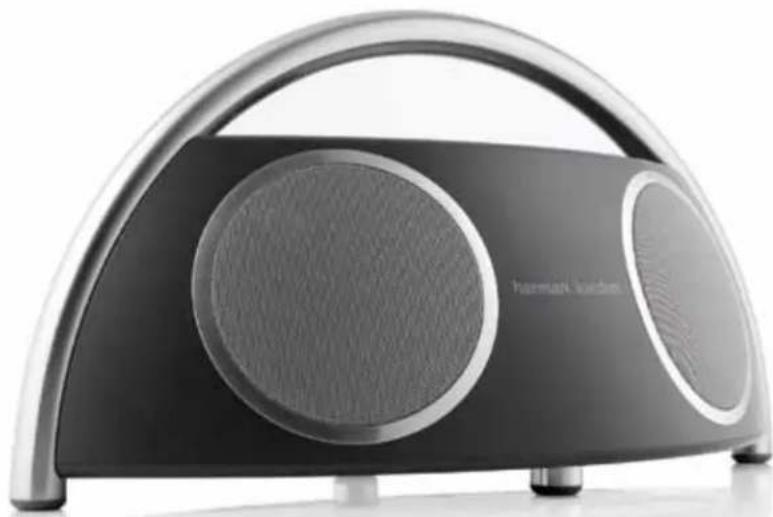 Black and silver portable electronic device with a curved back cover and two circular speaker windows (no visible text or symbols)
