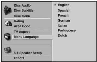 Disc Audio Disc Subtitle Disc Menu Rating Area Code TV Aspect Menu Language 5.1 Speaker Setup Others English Spanish French German Italian Portuguese Dutch