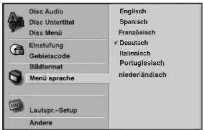 Disc Audio Disc Untertitel Disc Menü Einstufung Gebietscode Bildformat Menü sprache Lautspr.-Setup Andere Englisch Spanisch Französisch Deutsch Italienisch Portuglesisch niederländisch