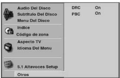 Audio Del Disco Subtítulo Del Disco Menu Del Disco Indice Código de zona Aspecto TV Idioma Del Menu 5.1 Altavoces Setup Otros DRC On PBC On