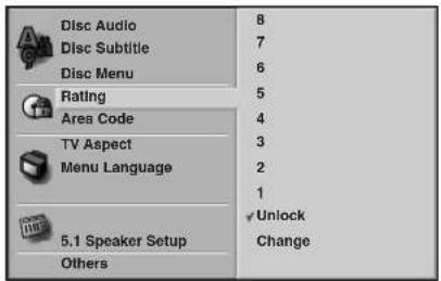 Disc Audio Disc Subtitle Disc Menu Rating Area Code TV Aspect Menu Language 5.1 Speaker Setup Others 8 7 6 5 4 3 2 1 ✓ Unlock Change