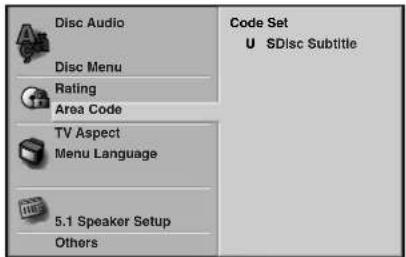 Disc Audio Disc Menu Rating Area Code TV Aspect Menu Language 5.1 Speaker Setup Others Code Set U $Disc Subtitle