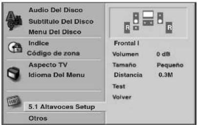 Audio Del Disco Subtítulo Del Disco Menu Del Disco Índice Código de zona Aspecto TV Idioma Del Menu 5.1 Altavoces Setup Otros Frontal I Volumen 0 dB Tamaño Pequeño Distancia 0.3M Test Volver