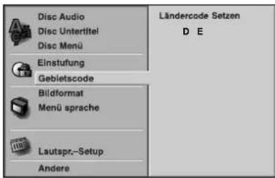Disc Audio Disc Untertitel Disc Menü Einstufung Gebietscode Bildformat Menü sprache Lautspr.-Setup Andere Ländercode Setzen D E