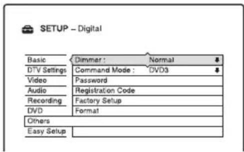 SETUP - Digital Basic Dimmer : Normal # DTV Settings Command Mode : DVD3 # Video Password Audio Registration Code Recording Factory Setup DVD Format Others Easy Setup
