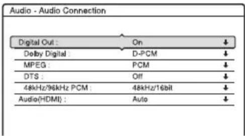 Audio - Audio Connection Digital Out : On ↓ Delby Digital : D-PCM ↓ MPEG : PCM ↓ DTS : Off ↓ 48kHz/96kHz PCM : 48kHz/16bit ↓ Audio(HDMI) : Auto ↓